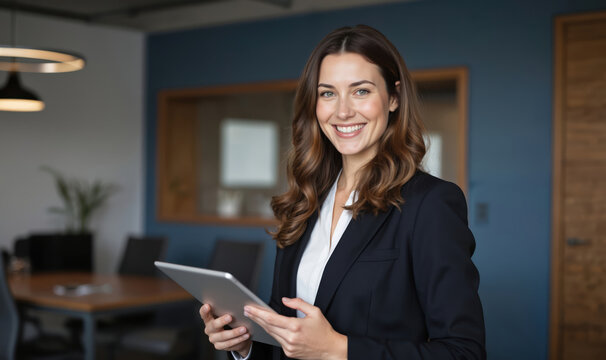 Professional woman in business attire poses in office holding tablet. Confident businesswoman wearing dark blazer white blouse smiles. Corporate employee with long wavy brown hair looks at camera.
