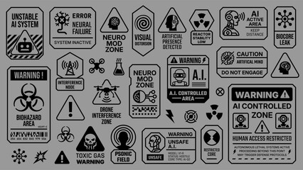Set of monochrome futuristic warning signs and technical labels combining brutalism and cyber label aesthetics with y2k influences, featuring hazard symbols, glitch and dystopian interface