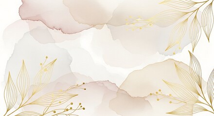 Delicate Watercolor Wash with Gold Leaf Accents, Abstract Floral Design