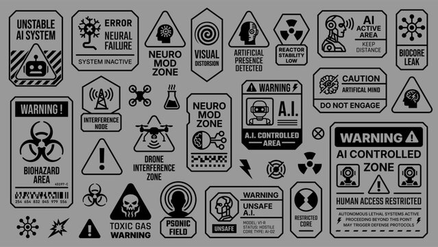 Set of monochrome futuristic warning signs and technical labels combining brutalism and cyber label aesthetics with y2k influences, featuring hazard symbols, glitch and dystopian interface