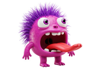 Isolated Funny Cartoon Monster with Purple Hair and Tongue Out