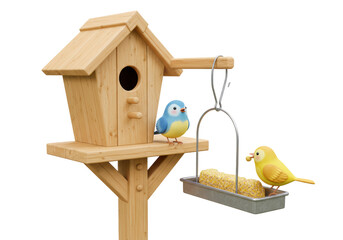 Isolated Birdhouse with Two Birds Enjoying Birdseed Treats