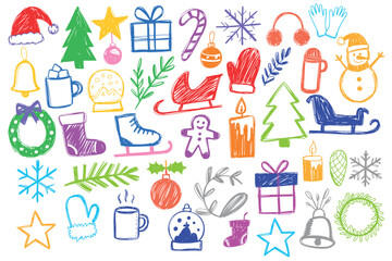 Colorful hand-drawn doodles of winter and Christmas elements. Includes gifts, snowflakes, mittens, a snowman, and holiday decorations.