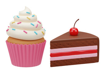 Isolated Delectable Cupcake and Slice of Chocolate Cherry Cake