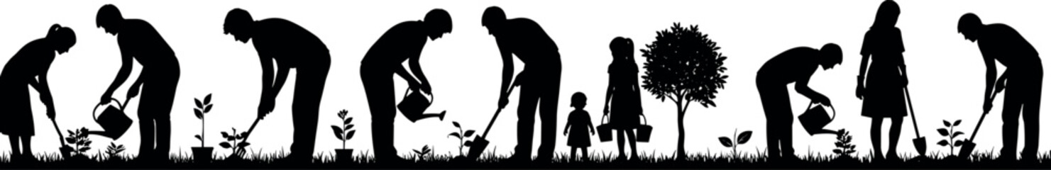 Gardening activities, planting and watering plants, family working together in garden, silhouette illustration, teamwork in nature, outdoor hobbies, growth