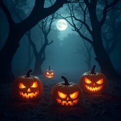 Mysterious Halloween Forest with Glowing Pumpkins and Burning Eyes Background