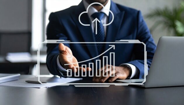 A business professional presents a chart showing financial growth and success. This represents a corporate strategy using cloud technology for data analytics and profit.