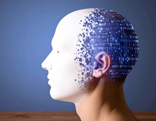 Photo of artificial intelligence concept with digital data flowing into a human head profile on blue background
