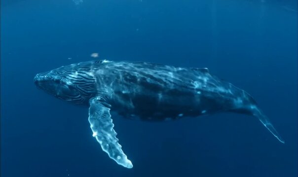 Humpback whale swimming gracefully in deep blue ocean waters.