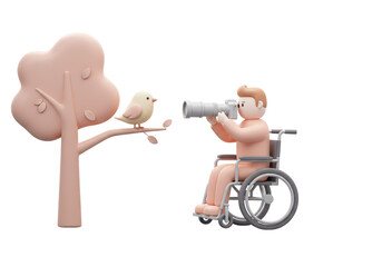 Isolated Cartoon Man in Wheelchair Photographing Bird with Camera