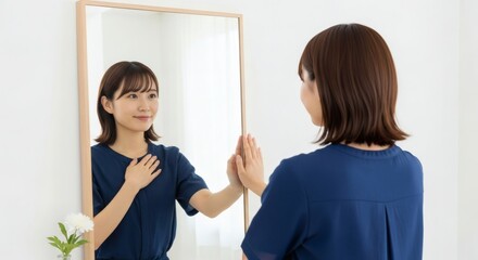 A young Asian woman gazes at her reflection in a mirror, practicing self-acceptance with a hand on her chest.