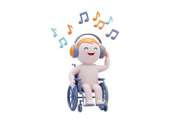 Isolated Joyful Wheelchair User Listening to Music with Headphones