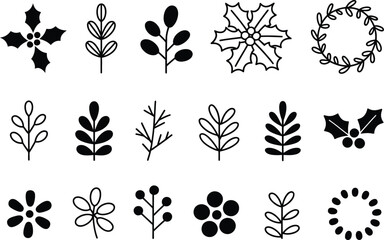Collection of simple black and white botanical and floral line art icons