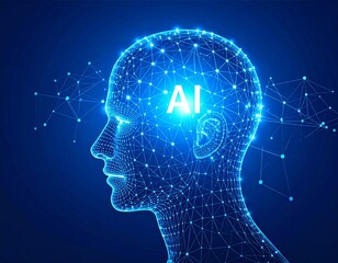 Photo of artificial intelligence network forming a human head outline with glowing ai text on a blue background