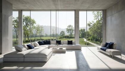 Fototapeta premium Modern living room minimalist design with large sectional sofa, chaise lounge, both in white linen with navy blue cushions. Floor-to-ceiling windows offer stunning views of rich green landscape,