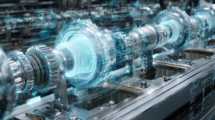Fototapeta premium An intricate array of spinning units with gears and motors in motion capturing the precise alignment and coordination necessary for the production of synthetic spidersilk all set against