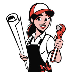 Enthusiastic Cartoon Plumber with a Wrench and Blueprint Ready to Tackle Any Plumbing Challenge with a Smile