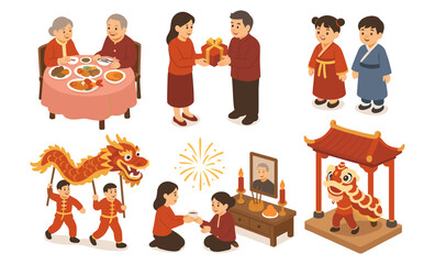 Festive chinese new year celebrations with dragon dance and family traditions