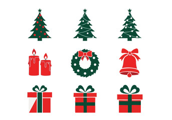 Festive Christmas Holiday Icons and Elements with Decorated Trees Candles Wreath Bell and Gifts on a White Background