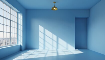 Empty room with blue walls, featuring large window with city skyline view. Natural light casts shadows across floor, creating serene atmosphere for interior design concepts modern apartment settings.
