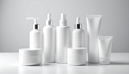 Minimalist luxury skincare product mock-up featuring frosted pump bottle, dropper bottle, cream jars, sample vial, and white box on sleek gray background with soft lighting.