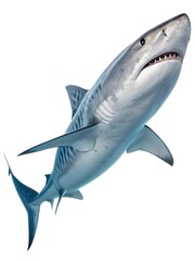 Fototapeta premium Macro image of a tiger shark in swimming position, distinctive stripes and streamlined body lit evenly, isolated on transparent white — apex predator, ocean hunter. 