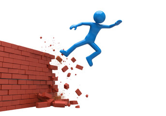 Isolated Silhouette Running Through Wall, Breaking Obstacles, Achievement