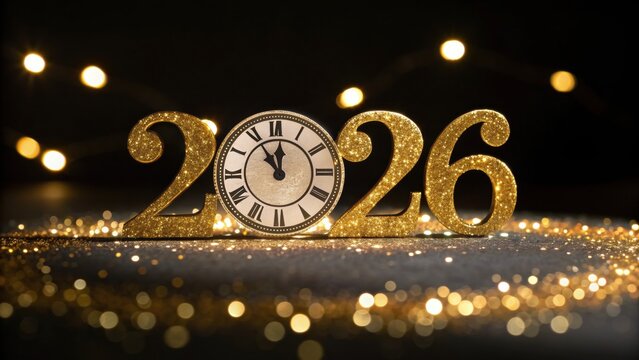 Golden glitter numerals 2026 with a clock face marking the new years eve countdown against a dark bokeh background