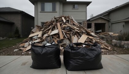 Large pile of construction debris sits on suburban driveway. Broken wood, timber, building materials mixed with two large black rubbish bags filled with rubbish. Homes in background suggest