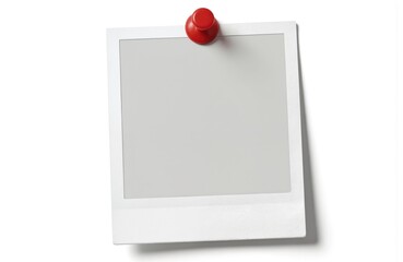 Blank frame pinned to white surface using red push pin. Square photo frame template with empty gray space for text. Notice or message mockup template. Frame with pin casting shadow.