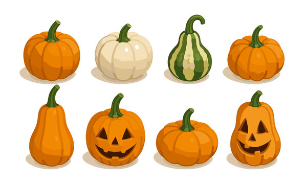 Colorful collection of pumpkins and gourds with jack-o'-lanterns on beige background