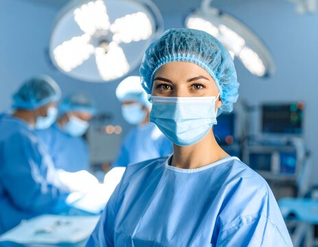 A surgeon wearing sterile surgical mask, bright operating room lights reflecting off surgical instruments, medical team collaborating in background. - Powered by Adobe