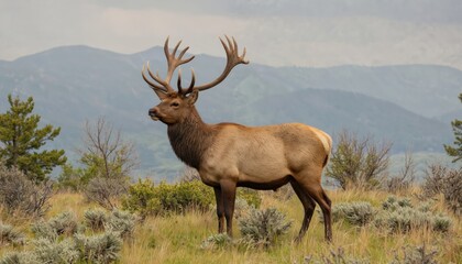 Obraz premium Magnificent wild elk stands in nature. Impressive antlers. Large male brown mammal grazes among green meadow grasses, shrubs against mountains. Wildlife outdoor scenery perfect for nature