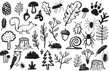 Hand drawn doodle collection featuring various nature elements like leaves, mushrooms, animals, and insects on a dark background.