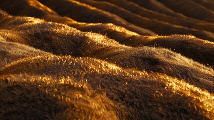 Abstract hillscape illuminated by golden light, casting warm tones over the stylized terrain. Blending smooth lines and vibrant hues in a modern, minimalist composition with artistic flair, capturing 