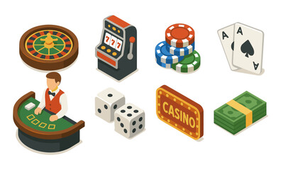 Isometric casino elements with roulette, chips, and slot machine