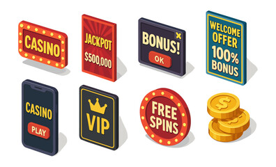 Casino icon set with jackpot, bonus, and vip features in isometric style