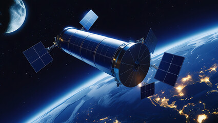 Satellite Orbiting Earth with Moon in Background space 1