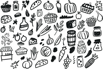 Hand drawn doodle of various food items including vegetables, fruits, jars, and baskets on a black background. The design features a whimsical and artistic style.