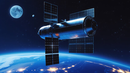 Space satellite orbits glowing Earth with moon planet