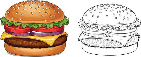 Color and outline hamburger illustration with lettuce, tomato, onion, cheese, and sesame bun — perfect for food design, menus, and packaging