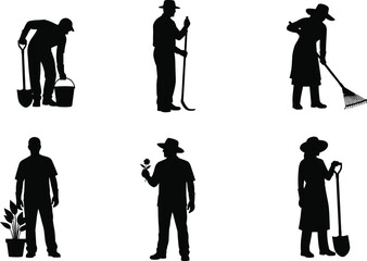 Gardening silhouette set with people using shovel, rake, hoe, and holding plants — perfect for nature design, farming, and eco branding