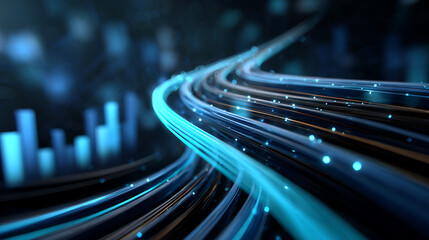 Abstract Blue Fiber Optic Cables Glowing in Dark Background