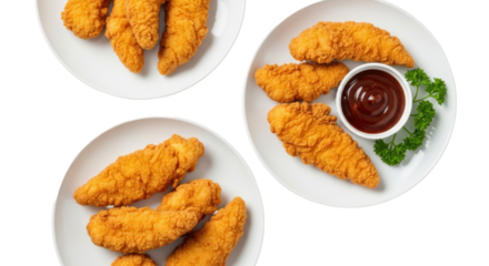 Three transparent plates with golden-brown crispy chicken tenders, one with barbecue sauce and fresh parsley, on a seamless transparent studio backdrop, bright even lighting, high-angle shot,