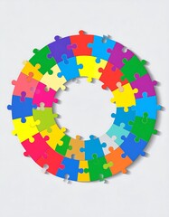 Obraz premium Vibrant, interconnected puzzle pieces forming a circular ring, symbolizing global unity, diversity, and peace.