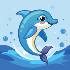 Obraz premium Cute cartoon dolphin leaping out of blue ocean waves with bubbles