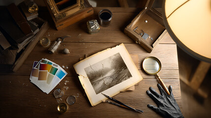 Antique Photo Restoration on Wooden Desk with Magnifying Glass