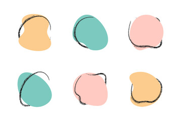 Color liquid blob shapes with chalk lines, pastel irregular organic random forms, fluid silhouette, simple vector smooth ink stain with chalk lines, crayon elements. Highlight for social media stories