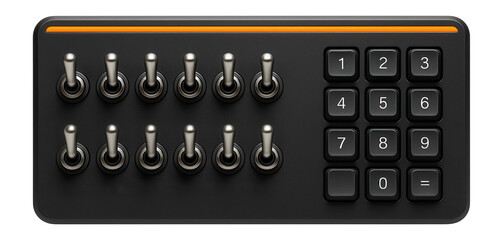 Dispatcher panel with an array of toggle switches and numeric keypad