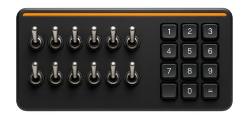 Dispatcher panel with an array of toggle switches and numeric keypad